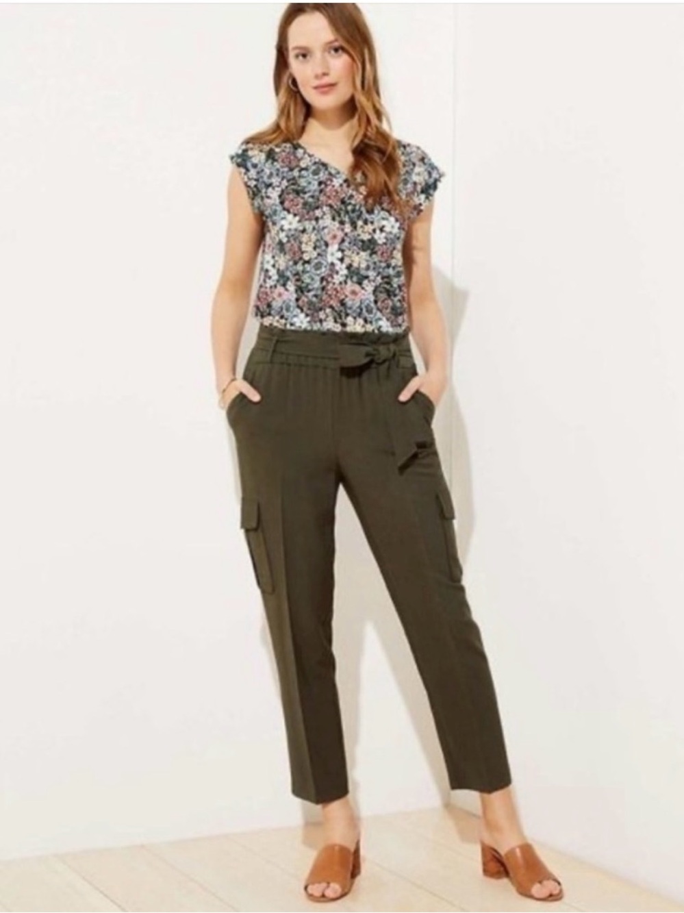 Loft Olive Cargo Tie-Waist Ankle Pants - Women